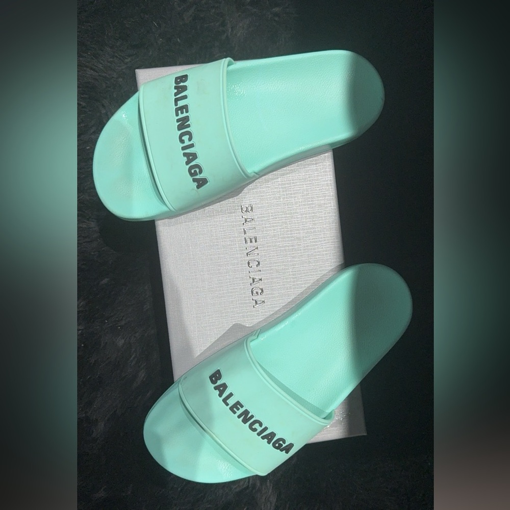 Balenciaga turquoise blue slides 6.5 authentic with dust bag & box